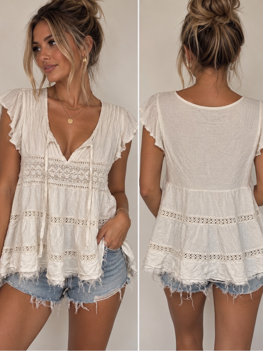 American Eagle Outfitters Cream Crochet-Trim Peasant Top